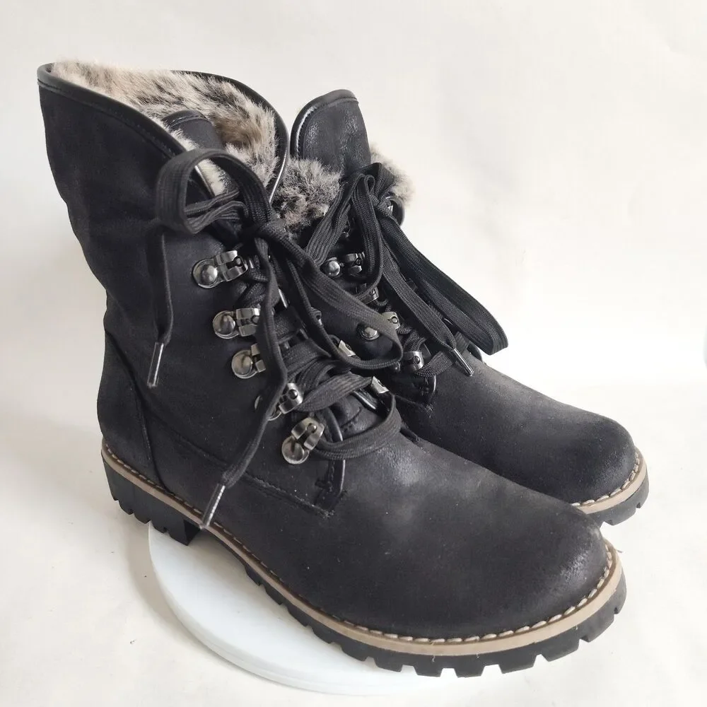 Cliffs White Mountain Size‎ 8.5 Fur Trim Lace Up Black Faux Leather Combat Boots